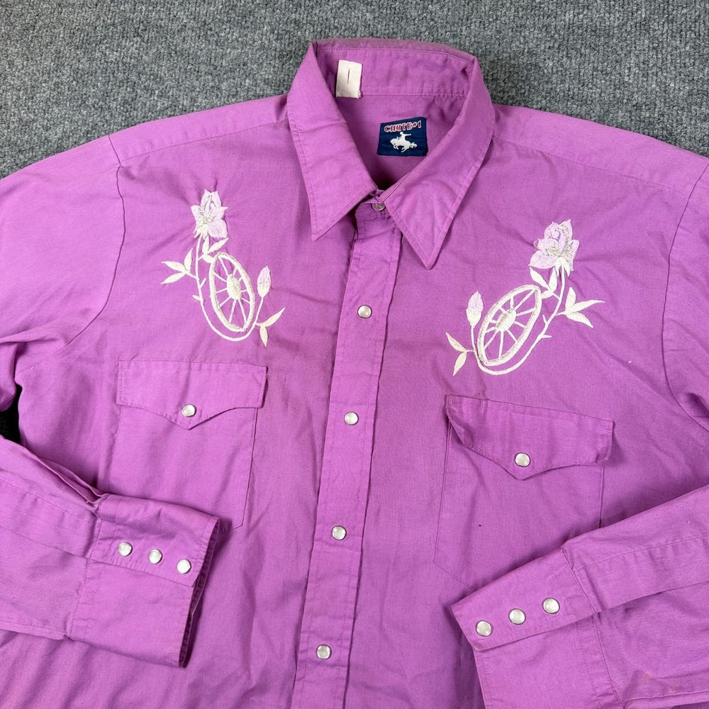 Vintage 70s Chute #1 Shirt Mens L Purple Pearl Snap Western Embroidered Floral